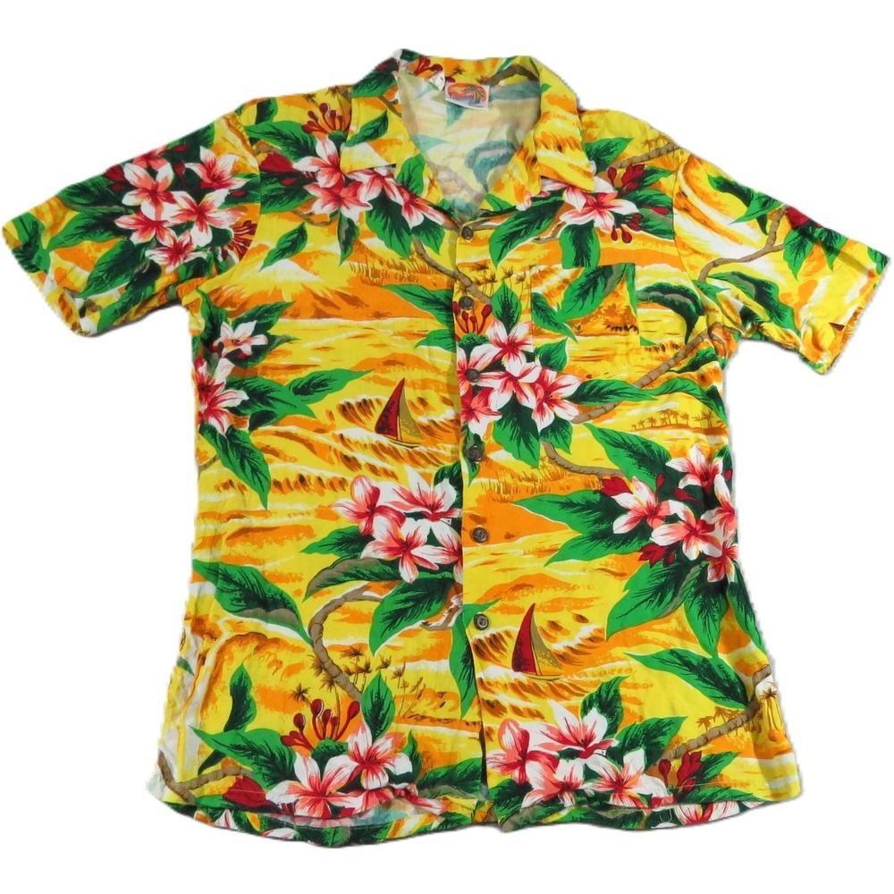 VTG Kennington Hawaiian Shirt Men L Yellow Rayon Tropical Sailboat Floral Aloha